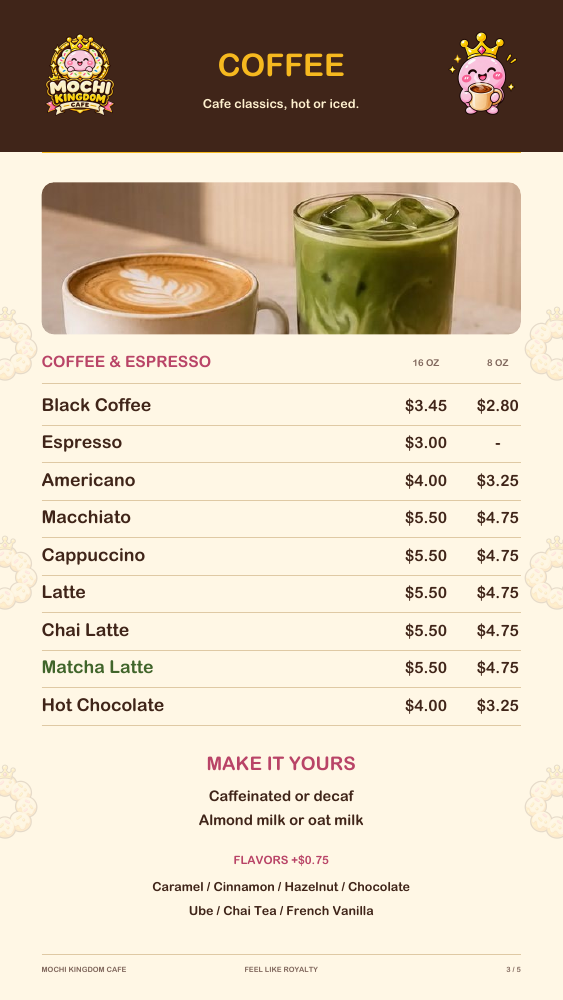 Coffee and espresso menu with sizes, prices, milk options and flavors.